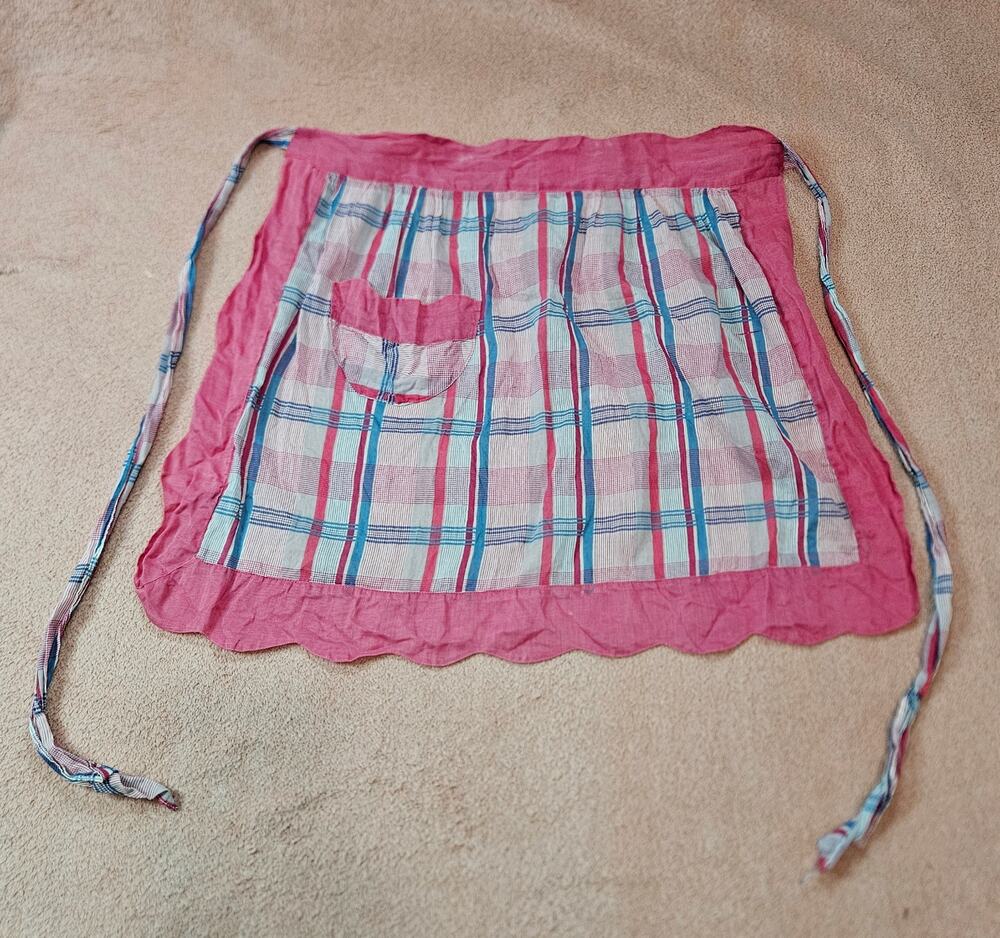 Vintage Kid's Pink Plaid Scalloped Hem Half Apron with Pocket
